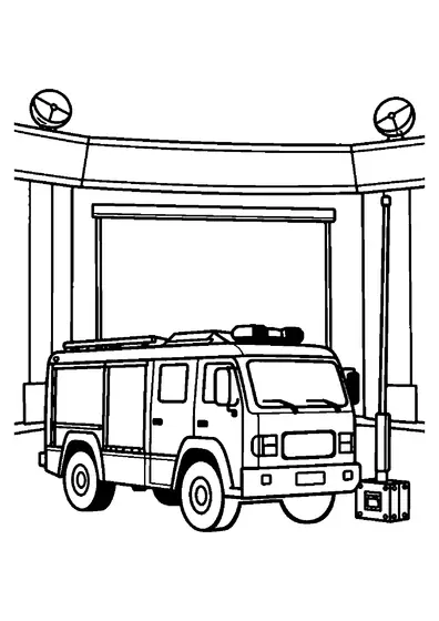 Ein Feuerwehr-Einsatzleitwagen mit Antenne steht auf dem Platz vor einem großen Fernsehstudio.