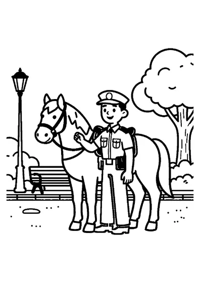 Un policía sonriente junto a un caballo ensillado durante una patrulla por un sendero de un parque urbano.