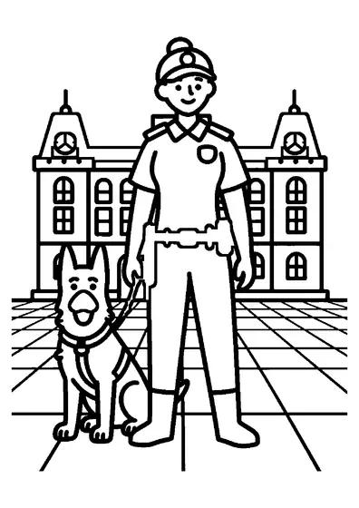 Una agente de policía sonriente y su perro pastor alemán frente al ayuntamiento histórico.