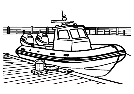 Polizeimotorboot an einem Anlegesteg im Hafen.