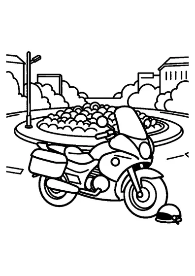 Ein Polizeimotorrad für Streifenfahrten steht an einem Kreisverkehr in der Stadt.