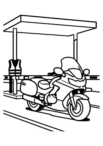 Una motocicleta de patrulla policial estacionada junto a la barrera de un punto de control de tráfico.