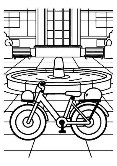O bicicletă electrică de patrulare, cu o cască pe portbagaj, lângă o fântână istorică din oraș.
