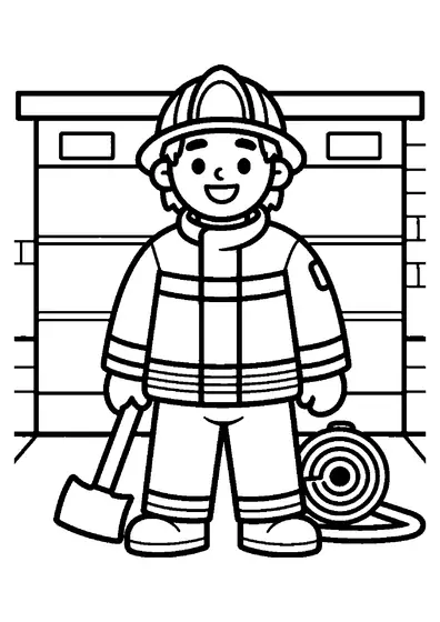 Un bombero equipado con casco y ropa de protección permanece junto al parque de bomberos.