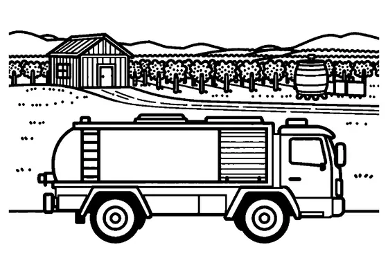 Ein großer Feuerwehr-Tankwagen steht bei der Traubenpresse neben einem Behälter und einem Schlauch.
