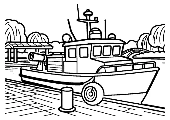 Un barco de rescate de bomberos con cañón de agua permanece amarrado junto a un embarcadero de madera.