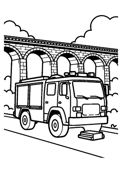 Ein Rüstwagen der Feuerwehr steht unter einem großen Eisenbahnviadukt.