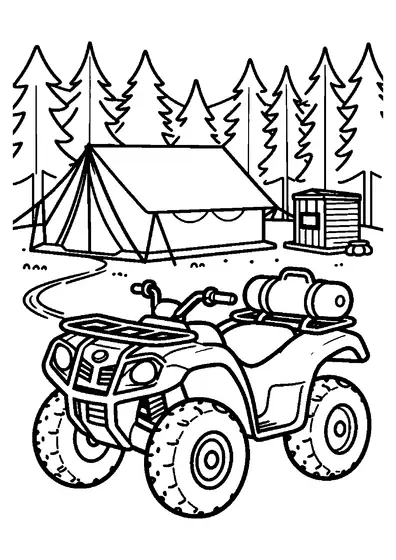 Feuerwehr-Quad neben einem Schlauchpaket auf einem Zeltplatz im Wald.