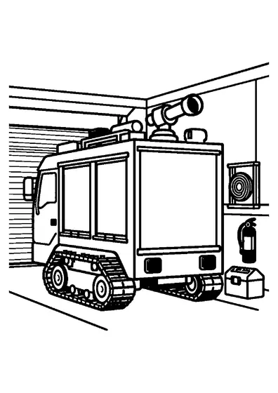 Robot blindat de stingere a incendiilor, pe șenile, într-un garaj al stației de pompieri.