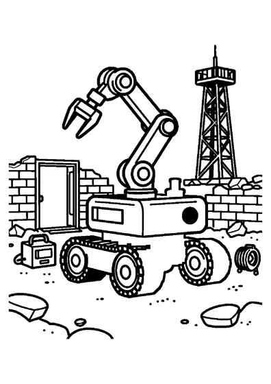 Robot de pompieri pe șenile, dotat cu braț de prindere, într-un centru de antrenament pentru intervenții de urgență.