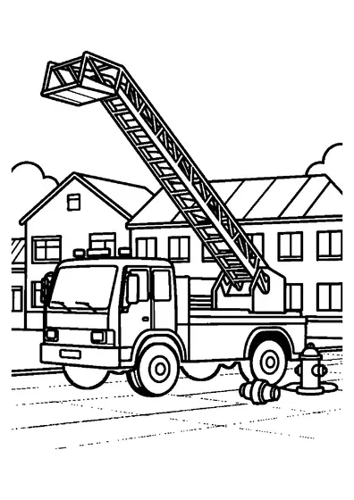 Ein Feuerwehrfahrzeug mit ausgefahrener Drehleiter steht vor dem Gebäude einer Dorfschule.