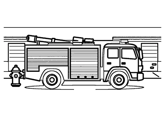 Un camión de bomberos de espuma estacionado junto a un almacén con puertas de carga.