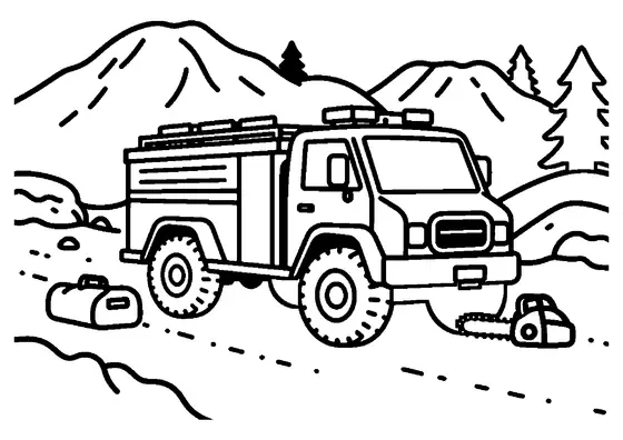 Un camión de bomberos todoterreno con cabrestante y caja de equipamiento avanza por una pista rocosa de montaña.