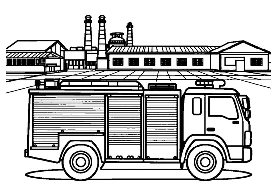 Ein Feuerwehr-Rüstwagen steht bei einem Brennofen und der Halle einer Keramikfabrik.