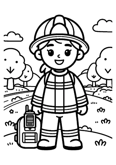 Une pompière souriante se tient dans un parc avec un talkie-walkie et un sac à dos de secours.