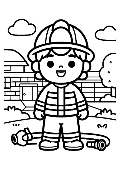 Un pompier souriant se tient devant une maison, à côté d’un grand tuyau équipé d’une lance d’incendie.