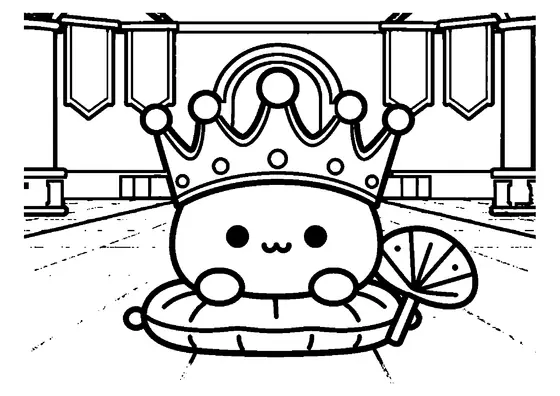 Dibujo para colorear de una corona real sobre un cojín de terciopelo con un abanico decorativo en la sala de un castillo.