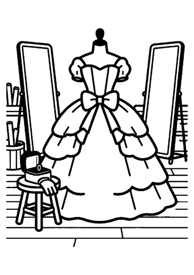 Un elegante vestido real con un gran lazo en la cintura, expuesto en un maniquí de sastre dentro de un taller de moda.