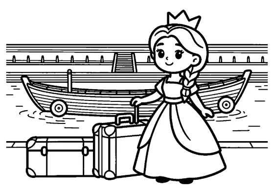 Une princesse couronnée se tient sur un ponton en bois, près d’un grand coffre et d’un éventail décoratif.