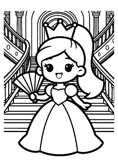 Une princesse coiffée d’une haute couronne descend le large escalier du palais, avec un éventail à ses côtés.