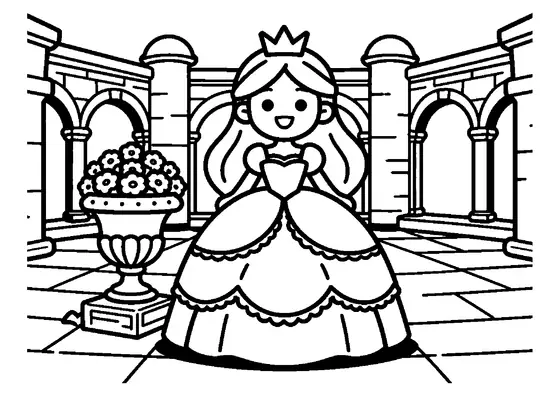 Desenho de uma princesa com um vestido de baile em pé em um corrimão de pedra em um pátio do castelo.