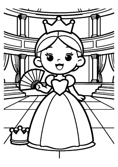 Une élégante princesse gantée se tient dans le foyer de l’opéra, près d’un grand éventail et d’une couronne posée sur un coussin.