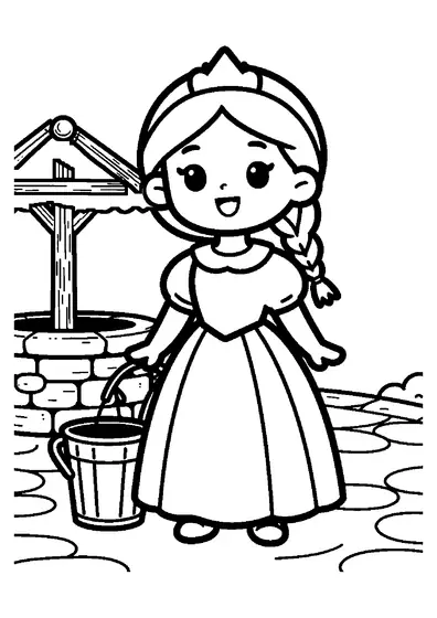Eine Prinzessin im Faltenkleid steht an einem alten Steinbrunnen in einem Innenhof.