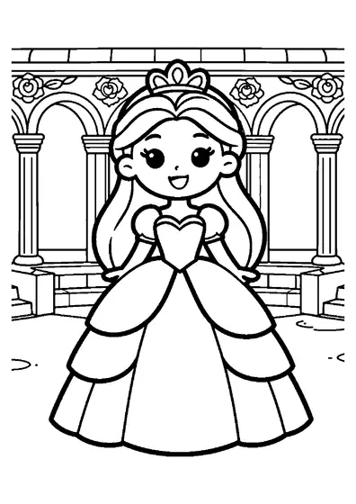 Une princesse en robe à volants se tient dans un cloître du palais, près d’une grande tiare posée sur un socle.