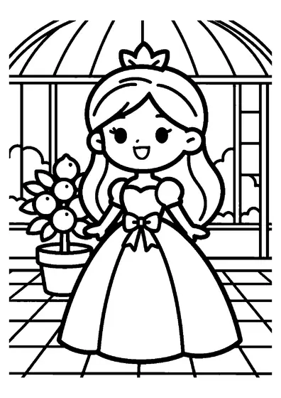Desenho de uma princesa com um vestido de cetim e um grande laço em pé perto de uma árvore cítrica em uma estufa.