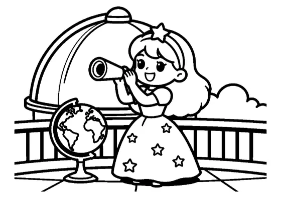 Una princesa observando el cielo nocturno con un catalejo desde la terraza del observatorio.