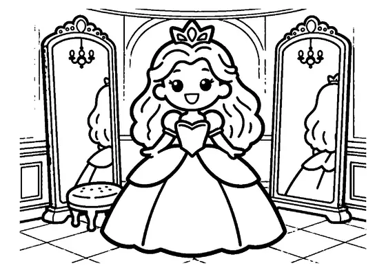 Desenho de uma princesa num vestido de mangas bufantes num elegante salão cheio de espelhos.