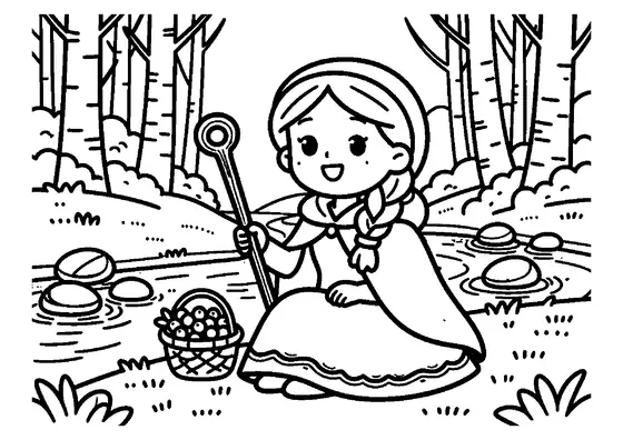 Eine Prinzessin mit Kapuzenumhang steht an einem idyllischen Bach im Wald.