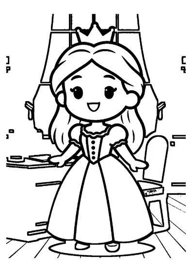 Desenho de uma princesa num vestido com gola alta, em pé junto a uma secretária num gabinete.