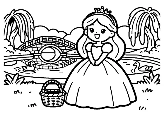 Una princesa con vestido de tul junto a un estanque con puente de piedra, sauces llorones y cisnes.