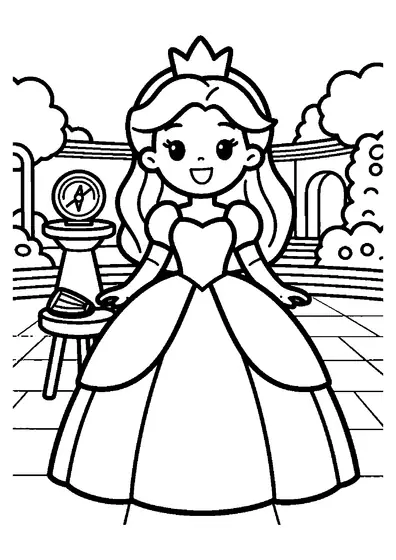Una princesa con vestido de gala junto a un reloj de sol antiguo en el jardín del castillo.