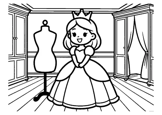 Une princesse assise essaie une robe de cérémonie dans le dressing du palais, avec une armoire et un paravent.