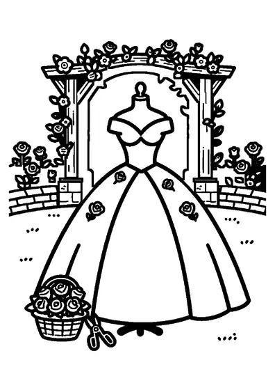 Un elegante vestido de gala bordado con motivos florales expuesto en un maniquí en un jardín.