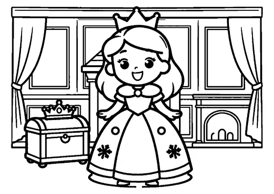 Une princesse portant une cape chaude et une couronne se tient dans un salon d’hiver, près d’un grand coffre à vêtements.