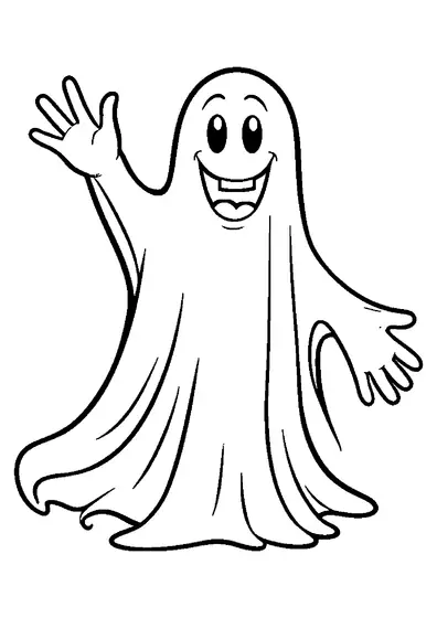 Un fantasma alegre saluda con la mano, con una gran sonrisa y suaves pliegues en la sábana que dejan amplios espacios blancos para colorear.