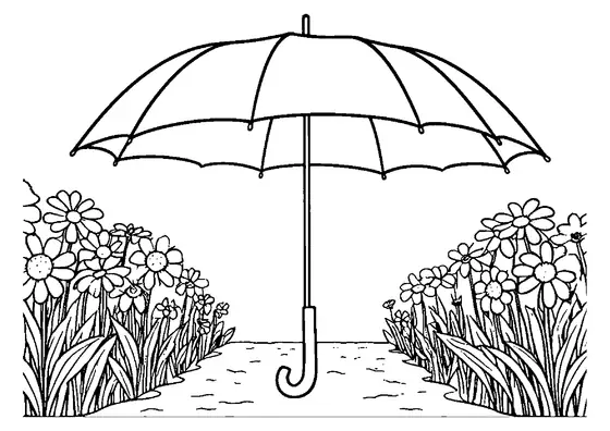 O fișă de colorat cu o umbrelă deschisă pe o alee din grădină printre margarete, cu spații mari pentru copii.