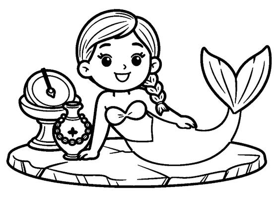 Una sirena junto a un reloj de sol de piedra sumergido sin números en el fondo rocoso.