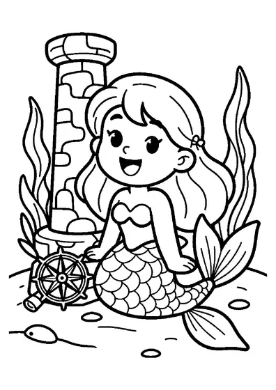 Pagina da colorare con una sirena sorridente seduta sul fondale accanto a una bussola di pietra e a un cannocchiale.