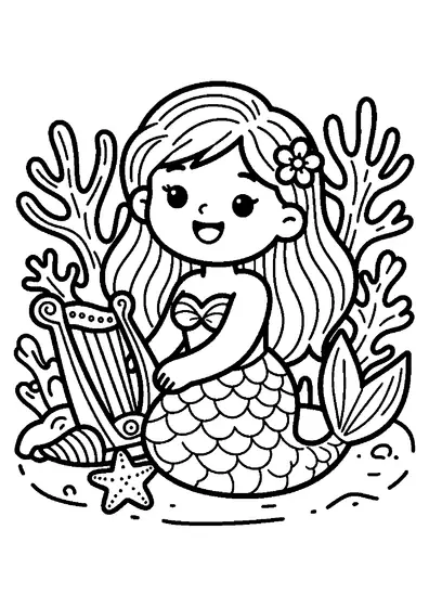 Una sirena tocando un arpa de concha marina en el fondo del mar junto a una estrella de mar y corales.