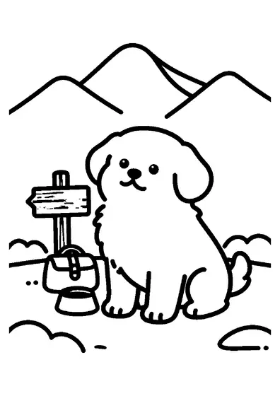 A puppy beside a wooden directional signpost on a mountain trail.