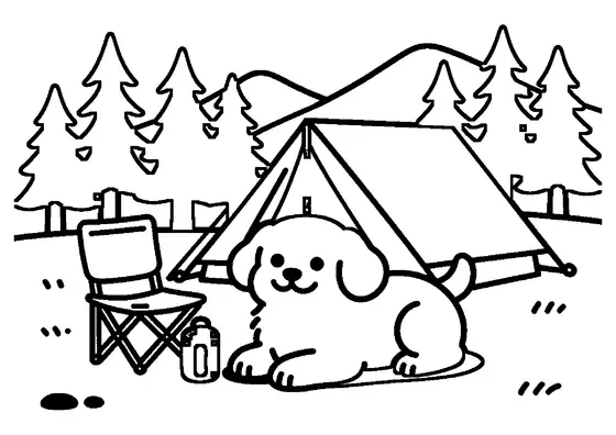 Coloring page featuring a puppy resting at a campsite beside a tent, folding chair, and thermos.