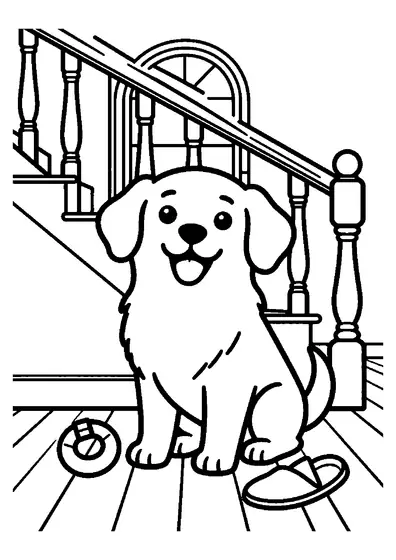 A puppy on a home staircase beside a carved wooden banister.