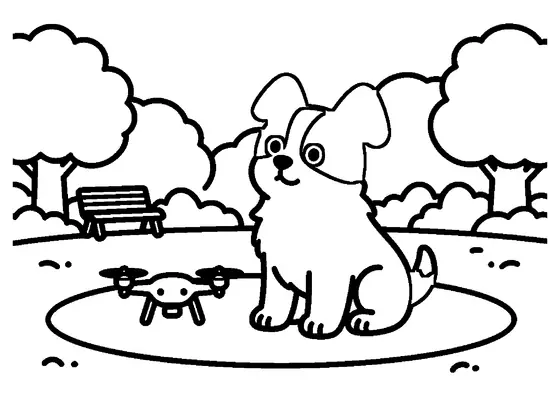 Chiot sur une aire d'atterrissage pour drones près d'un drone jouet et d'une télécommande dans un parc.