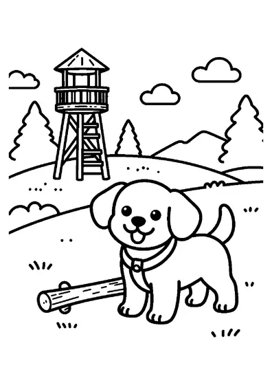 A small beagle puppy stands beside a wooden wildlife observation tower in a dense pine forest.
