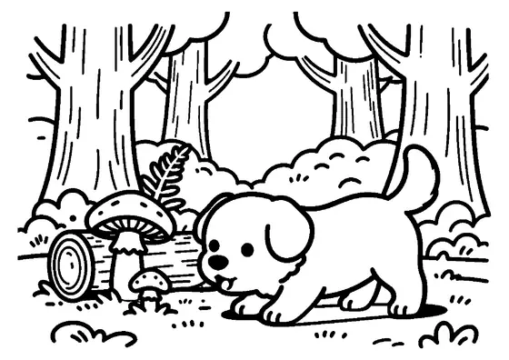 Coloring page featuring a puppy sniffing woodland mushrooms beside a fallen log.