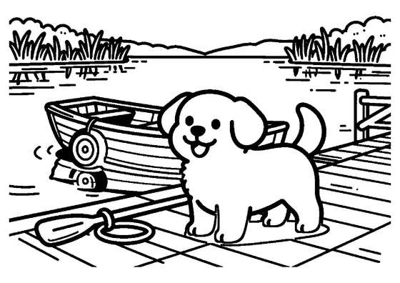 Coloring page featuring a puppy standing on a wooden dock beside an oar and a boat rope.